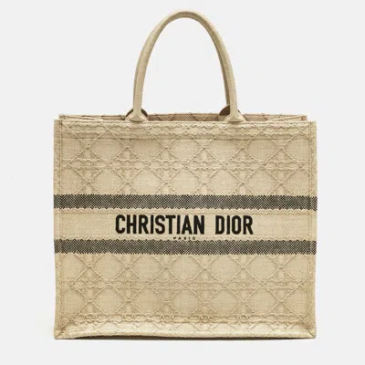 Pre-owned Dior Cream Embroidered Raffia Large Book Tote In White