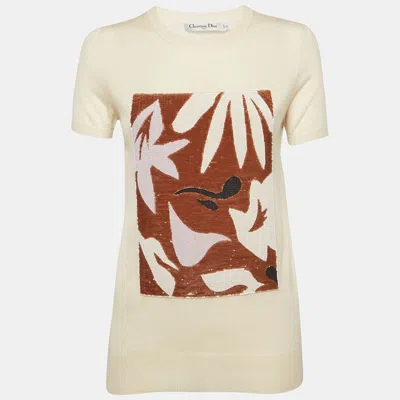 Pre-owned Dior Cream Knit Embellished Top L In White