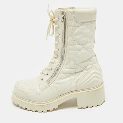 Pre-owned Dior Cream Leather Quilted Cannage D-unit Ankle Length Boots Size 41 In White