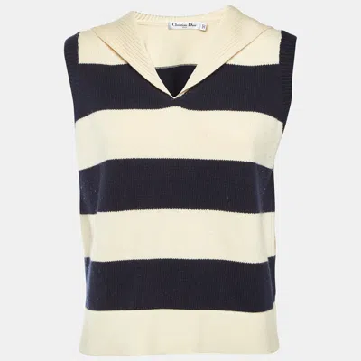 Pre-owned Dior Cream Striped Wool & Cashmere Sleeveless Sweater L In White