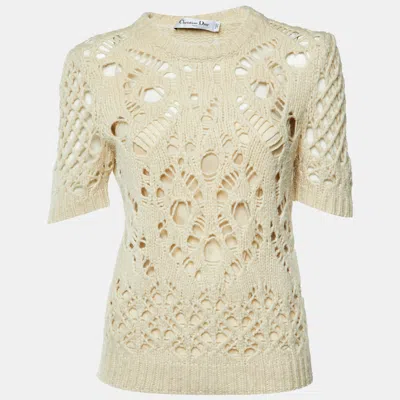 Pre-owned Dior Cream Wool Open Knit Crew Neck Sweater M In White