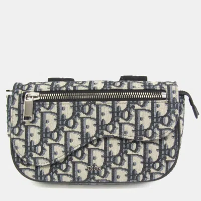 Pre-owned Dior Cream/navy Canvas Oblique Clutch Shoulder Bag In Navy Blue