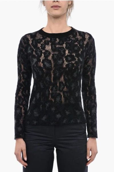 Dior Crew Neck Animal Patterned Cashmere Blend Sweater In Black