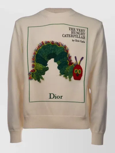Dior Crew Neck Sweater Graphic Design Ribbed Cuffs Hem In Neutral