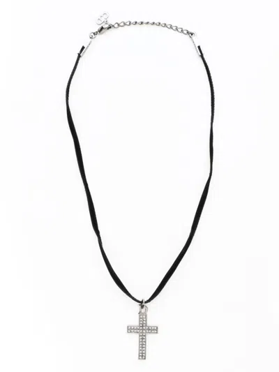 Pre-owned Dior Cross-charm Rhinestone-embellished Necklace In Silver