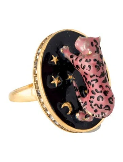 Pre-owned Dior Crystal & Enamel Leopard Cocktail Ring In Black/red