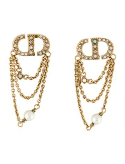 Pre-owned Dior Crystal & Faux Pearl Cd Navy Drop Earrings In Transparent