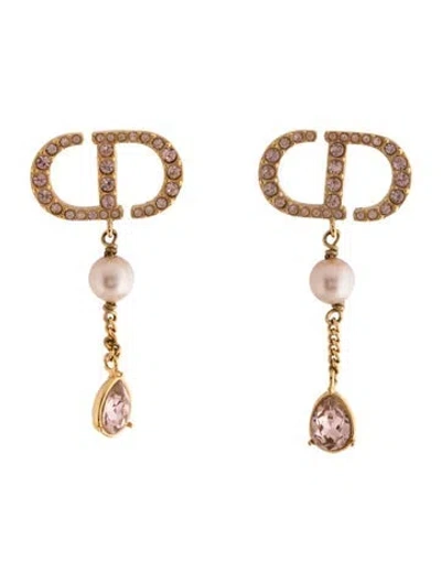 Pre-owned Dior Crystal & Faux Pearl Drop Earrings In Pink/white