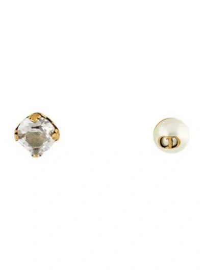 Pre-owned Dior Crystal & Resin Faux Pearl Tribales Stud Earrings In White