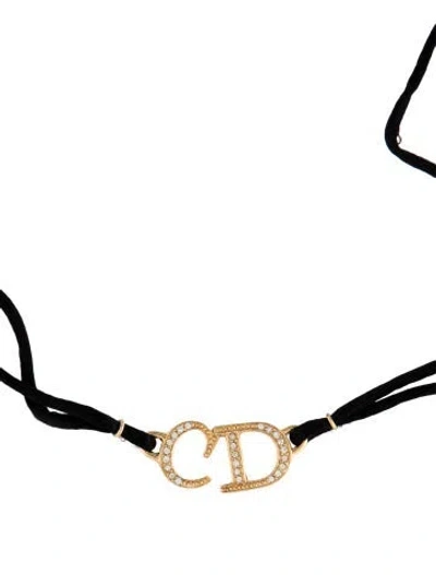 Pre-owned Dior Crystal & Silk Cord Cd Choker Necklace, 17" In Black