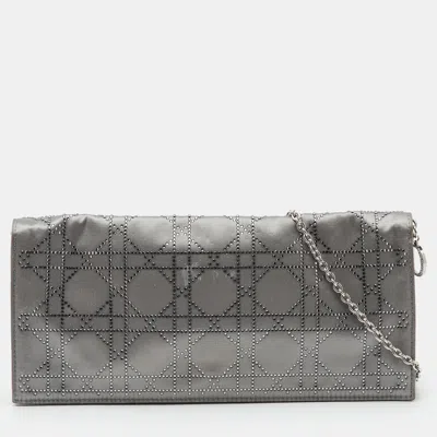 Pre-owned Dior Crystal Cannage Grey Satin Chain Clutch