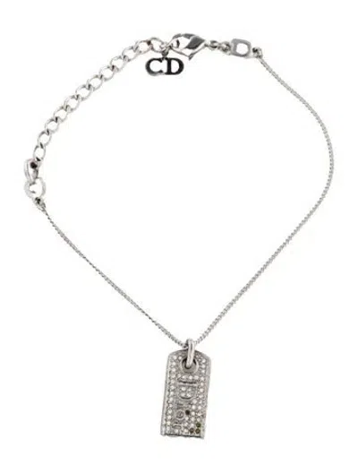 Pre-owned Dior Crystal Dog Tag Charm Link Bracelet, 8.75" In Clear