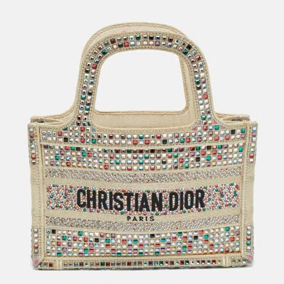 Pre-owned Dior Crystal Embellished Book Gold Canvas Tote