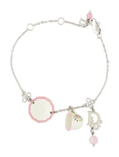 Pre-owned Dior Crystal, Enamel, Resin & Bead Tea Cup & Saucer Charm Bracelet, 7.75" In Black/green/pink