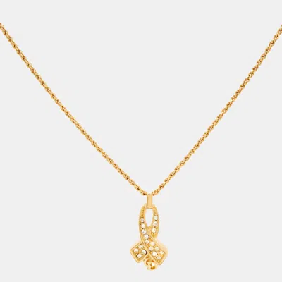 Pre-owned Dior Crystal Ribbon Cd Gold Tone Pendant Necklace
