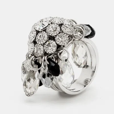 Pre-owned Dior Crystals Beads Silver Tone Ring Size 53