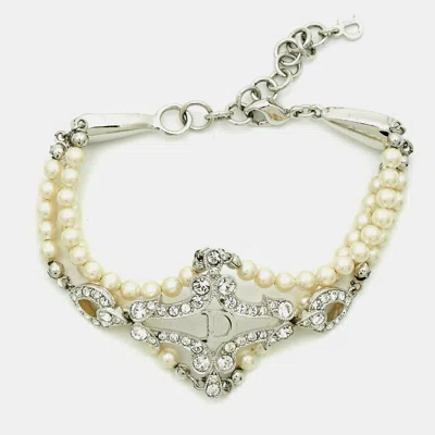Pre-owned Dior Crystals Faux Pearl Silver Tone Bracelet