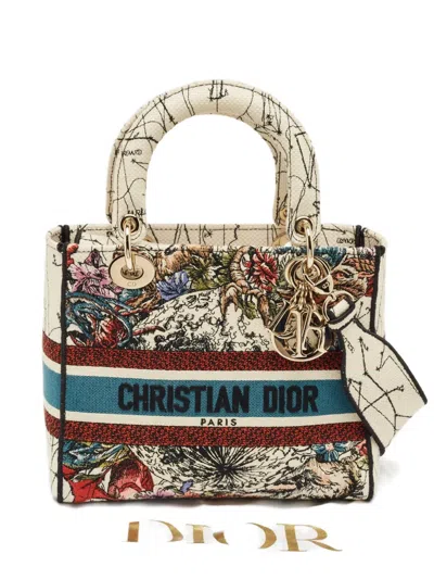 Pre-owned Dior D-lite Floral Embroidered Tote Bag In Neutral