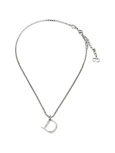 Pre-owned Dior D Logo Crystal Pendant Necklace In Silver