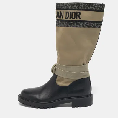 Pre-owned Dior D-major Size 38 Black/beige Canvas And Leather Mid Calf Boots