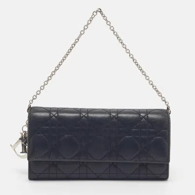 Pre-owned Dior Dark Blue Cannage Leather Wallet On Chain