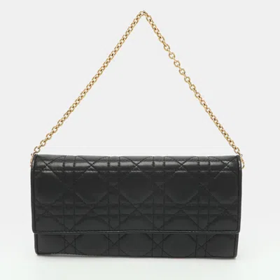 Pre-owned Dior Dark Blue Cannage Leather Wallet On Chain In Black