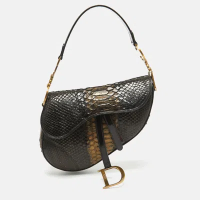 Pre-owned Dior Dark Brown/gold Python And Patent Leather Saddle Bag
