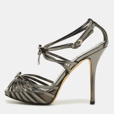 Pre-owned Dior Dark Grey Leather Strappy Bow Platform Sandals Size 36 In Gray