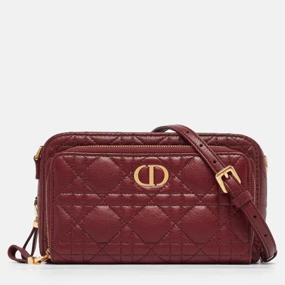 Pre-owned Dior Dark Red Cannage Leather Caro Double Pouch Bag