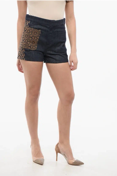 Dior Dark Washed Denim Shorts With Embroideries In Blue