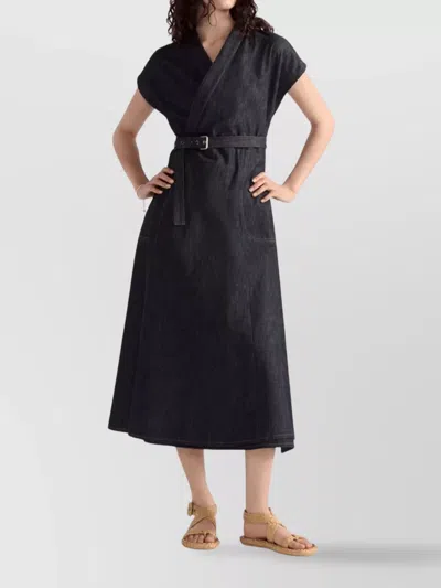 DIOR DENIM DRESS WITH BELTED WAIST AND CAP SLEEVES