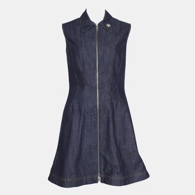 Pre-owned Dior Denim Zip Up Dress With Embroidered Collar Fr 38 In Blue