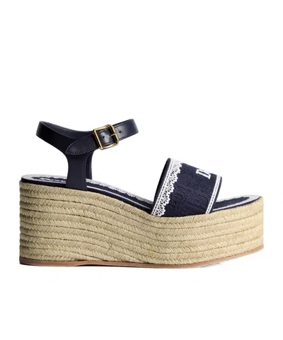 Dior Oblique Embroidered Cotton Dentelle Wedge Sandal In Black