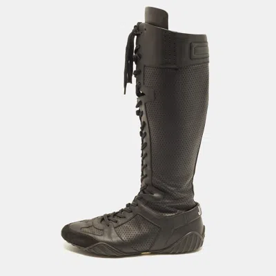 Pre-owned Dior D-fence Size 41 Black Perforated Leather Knee-high Boxing Boots