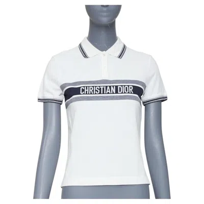Pre-owned Dior Iviera Signature Band White Cotton Navy Striped Intarsia Polo Shirt Xs