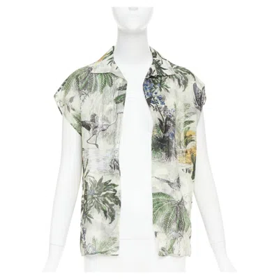 Pre-owned Dior Iviera Toile De Jouy Palms Print Cap Sleeves Cotton Shirt Fr36 S In Gray