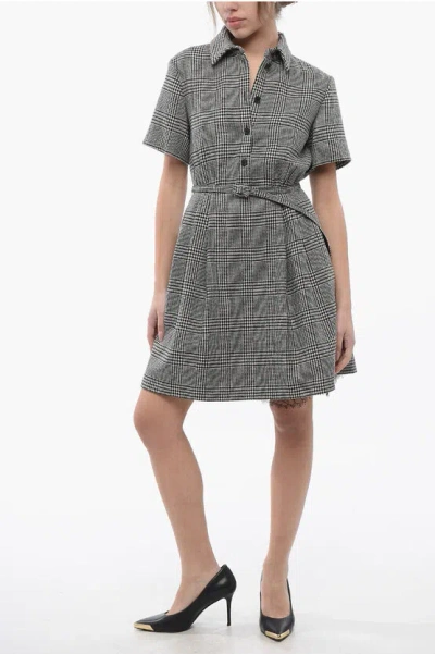Dior District Check Wool Flared Shirt Dress With Lace Detail In Gray