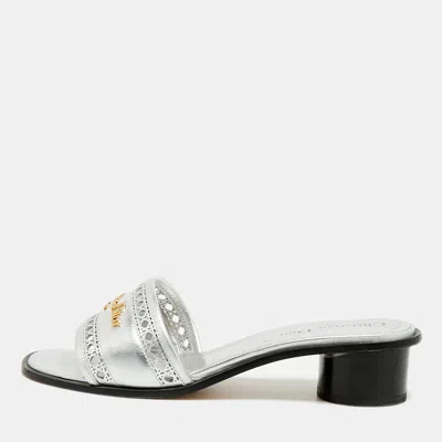 Pre-owned Dior D-lane Size 37 Silver Leather Block Heel Slide Sandals