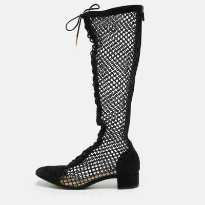 Pre-owned Dior D-naughitly Size 38 Black Mesh And Suede Knee Length Boots