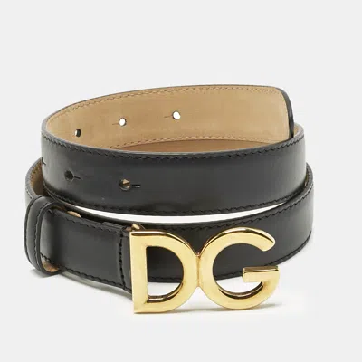 Pre-owned Dior Dolce & Gabbana Black Leather Dg Logo Waist Belt 80cm