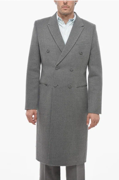 Dior Double-breasted Virgin Wool Coat With Flush Pockets In Grey