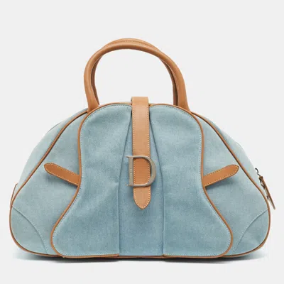 Pre-owned Dior Double Saddle Large Light Blue/tan Denim Bowler Bag