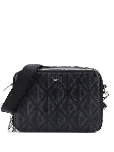 Pre-owned Dior Double Zip Crossbody Pouch Cd Diamond Coated Canvas Clutch Bag In Black