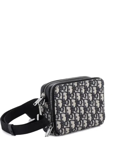 Pre-owned Dior Double Zip Pouch Oblique Canvas Crossbody Bag In Black