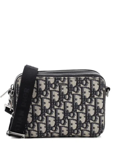 Pre-owned Dior Double Zip Pouch Oblique Canvas Crossbody Bag In Blue