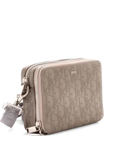Pre-owned Dior Double Zip Pouch Oblique Galaxy Leather Crossbody Bag In Gray
