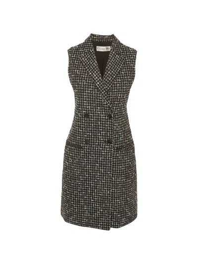 Pre-owned Dior Double-breasted Tweed Midi Dress In Black