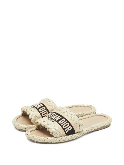 Pre-owned Dior Dway Embroidered Flat Sandals In Neutrals