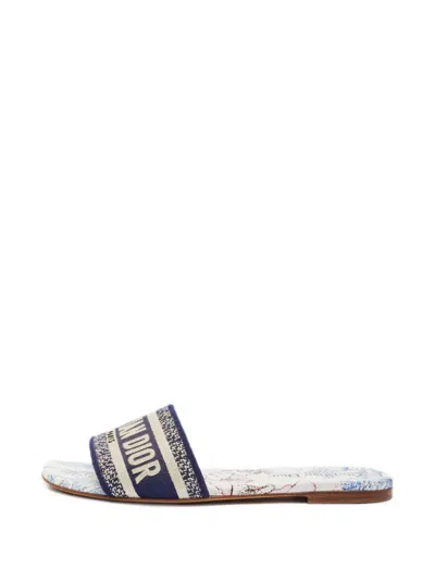 Pre-owned Dior Dway Embroidered Flat Slides In Blue
