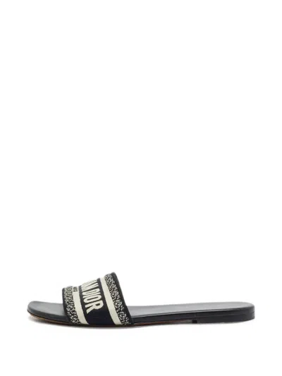 Pre-owned Dior Dway Embroidered Slides In Black